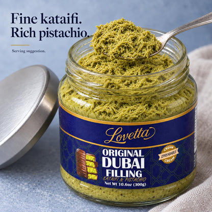 Lovetta Dubai Filling Pistachio & Knafeh 10.6oz (300g) Jar – Dubai Chocolate Bar Spread, Rich Pistachio & Knafeh Cream, Gourmet Filling for Desserts, Pastries & Kataifi Bars – Ready to Use
