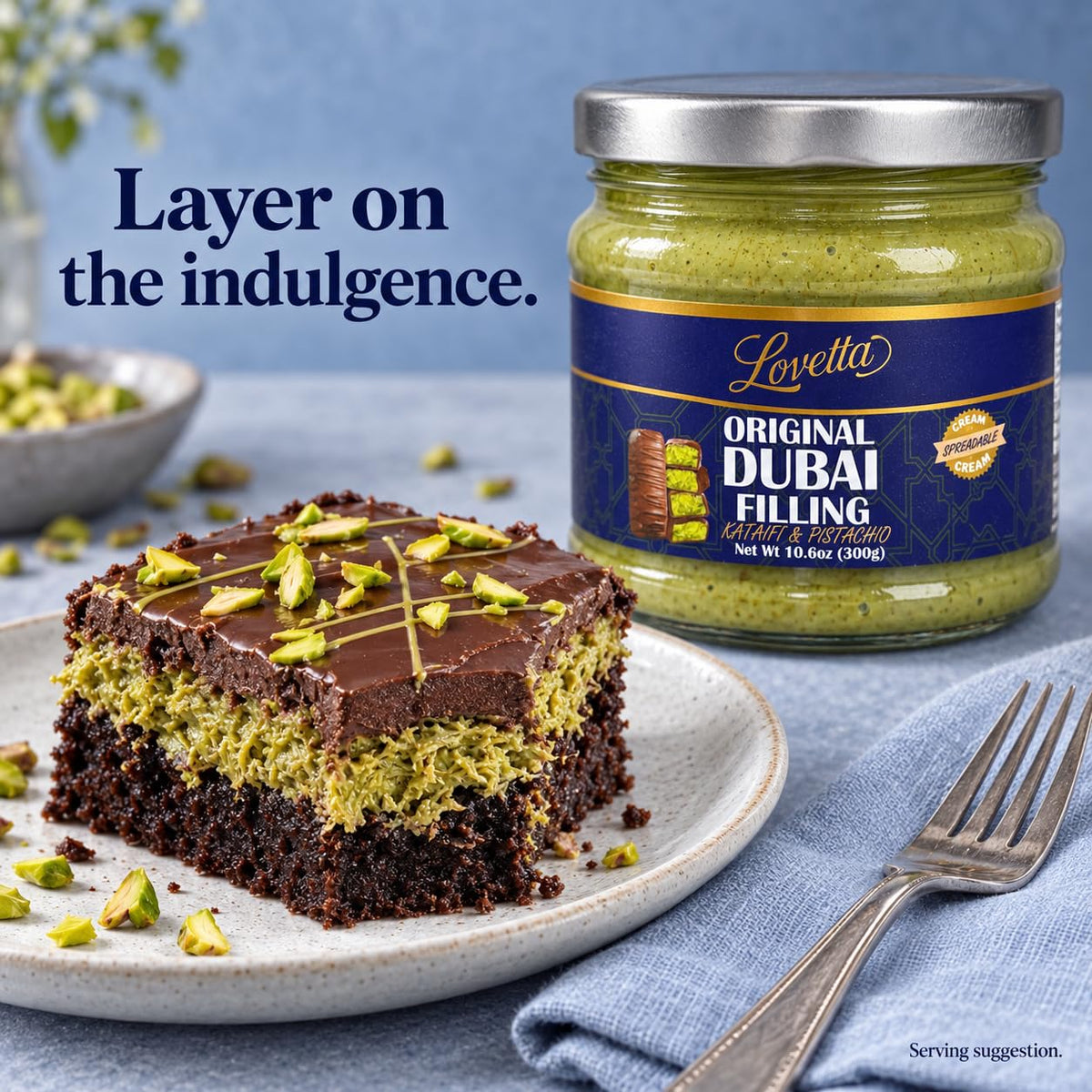 Lovetta Dubai Filling Pistachio & Knafeh 10.6oz (300g) Jar – Dubai Chocolate Bar Spread, Rich Pistachio & Knafeh Cream, Gourmet Filling for Desserts, Pastries & Kataifi Bars – Ready to Use
