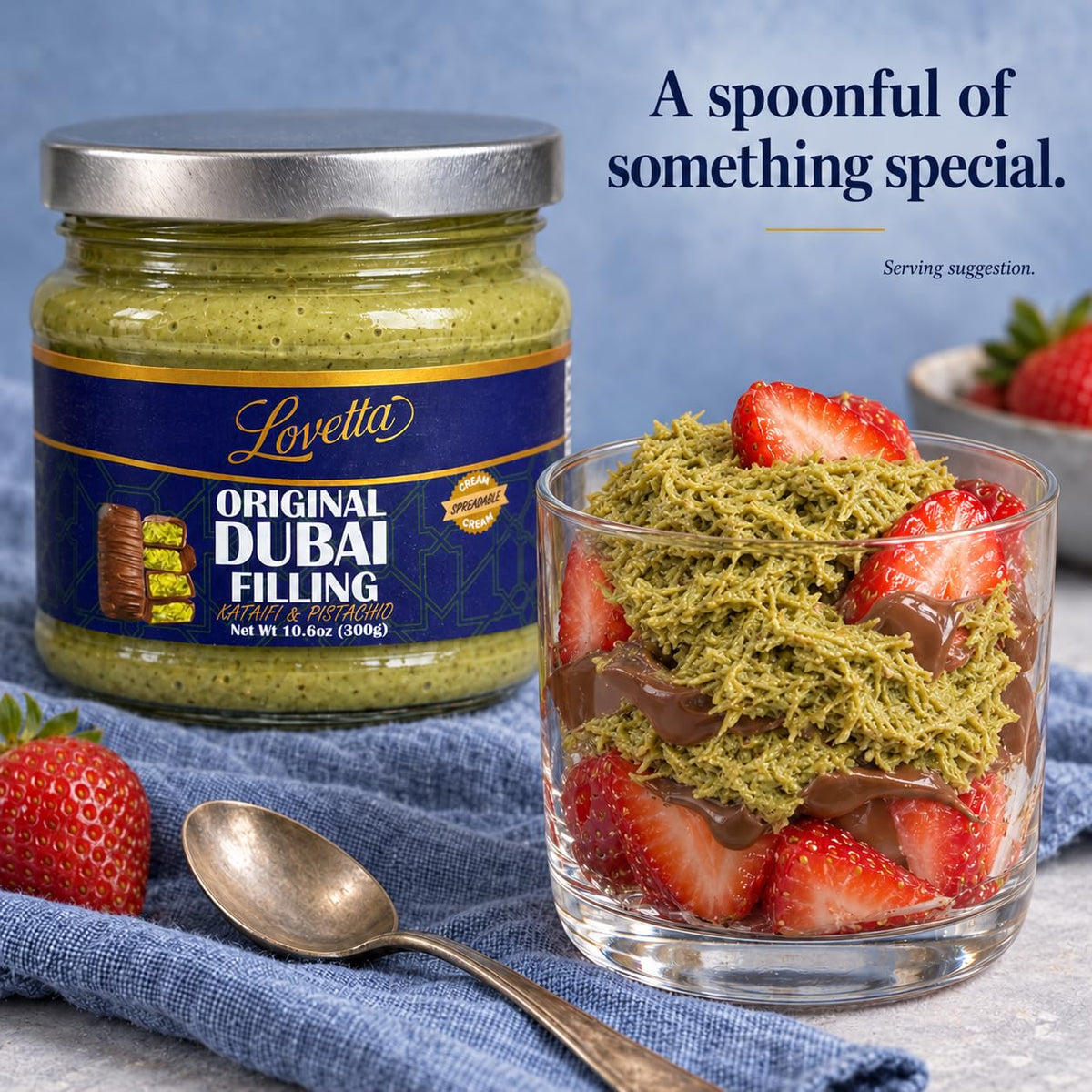 Lovetta Dubai Filling Pistachio & Knafeh 10.6oz (300g) Jar – Dubai Chocolate Bar Spread, Rich Pistachio & Knafeh Cream, Gourmet Filling for Desserts, Pastries & Kataifi Bars – Ready to Use