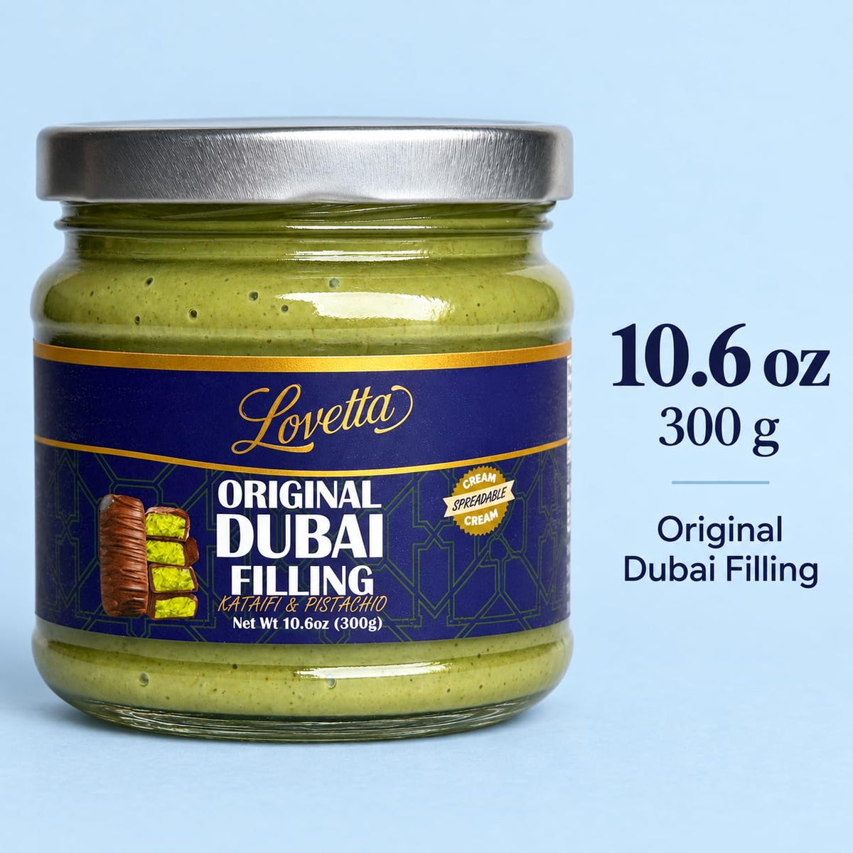 Lovetta Dubai Filling Pistachio & Knafeh 10.6oz (300g) Jar – Dubai Chocolate Bar Spread, Rich Pistachio & Knafeh Cream, Gourmet Filling for Desserts, Pastries & Kataifi Bars – Ready to Use