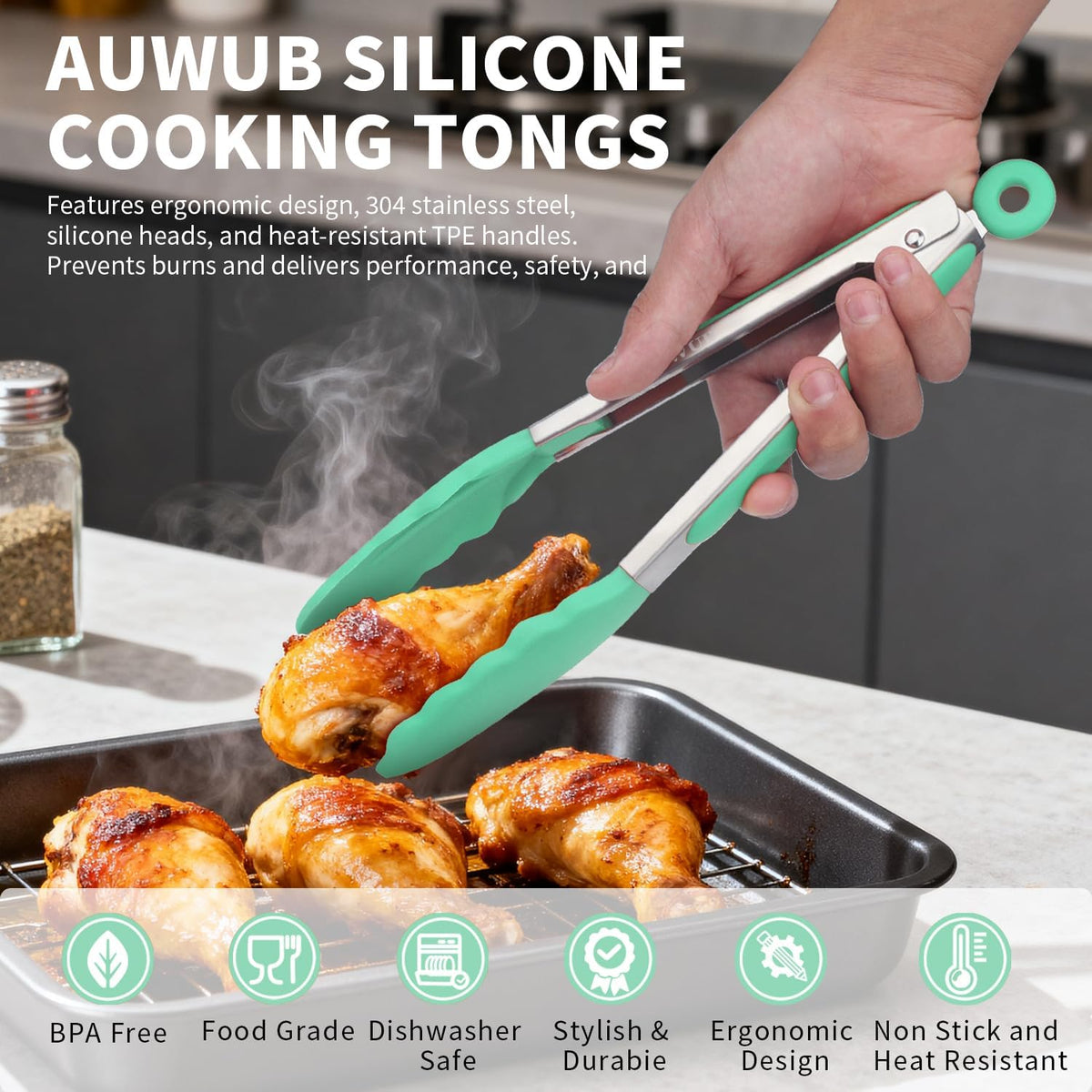 2-Pack Silicone Kitchen Tongs, 9 & 12 Inch, Non-Slip Cooking Set | Food Grade Silicone,BPA Free,Heat Resistant,Non-Slip Grip,Dishwasher Safe,For Daily & BBQ Use