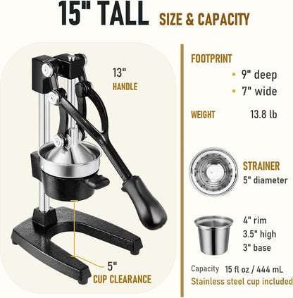 Cast Iron Manual Juicer for Orange Lemon Citrus Fruit & Lime