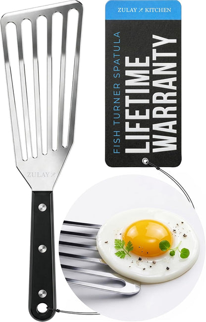 Stainless Steel Fish Turner Spatula - 12.4” Flexible Heat-Resistant Slotted Turner for Non-Stick Cookware - Rust-Proof, Durable & Dishwasher Safe Cooking Utensil for Everyday Use