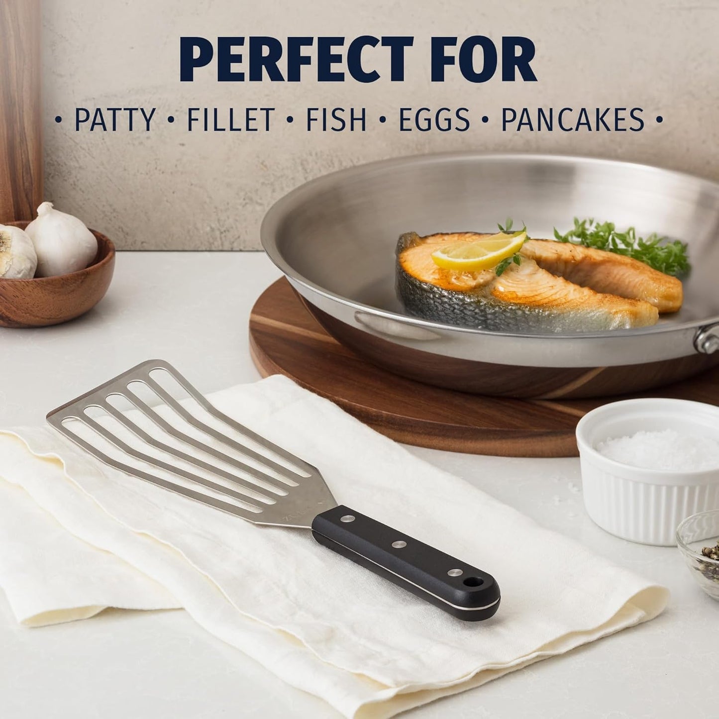 Stainless Steel Fish Turner Spatula - 12.4” Flexible Heat-Resistant Slotted Turner for Non-Stick Cookware - Rust-Proof, Durable & Dishwasher Safe Cooking Utensil for Everyday Use