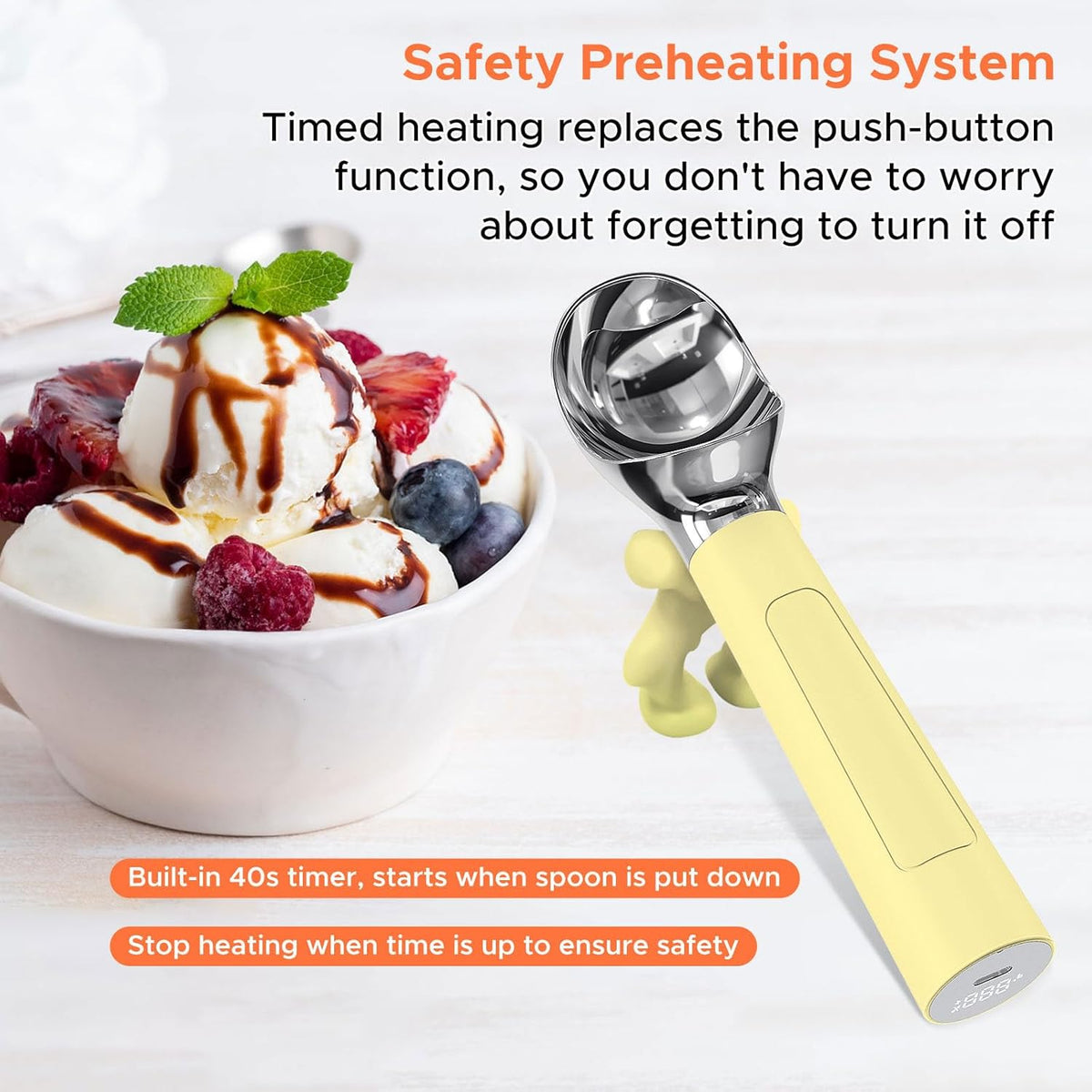 LT Heated Ice Cream Scoop, Rechargeable Electric Warming Scooper, Heats to 158F for Hard Ice Cream, IP67 Waterproof, Easy for Seniors & Kids (Yellow)