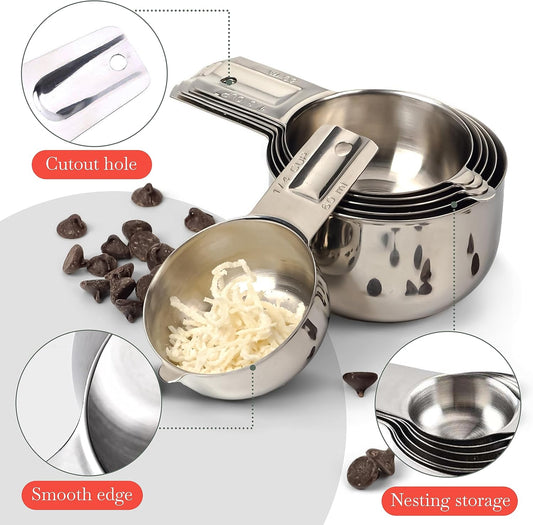 Stainless Steel Measuring Cups Set of 6, Nesting Design | One-piece design with mL and oz markings, rust-resistant, dishwasher safe, and comfortable to hold for daily use.