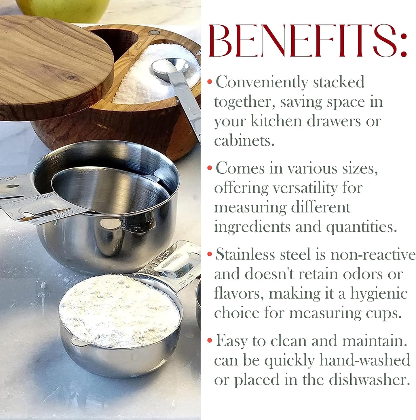 Stainless Steel Measuring Cups Set of 6, Nesting Design | One-piece design with mL and oz markings, rust-resistant, dishwasher safe, and comfortable to hold for daily use.