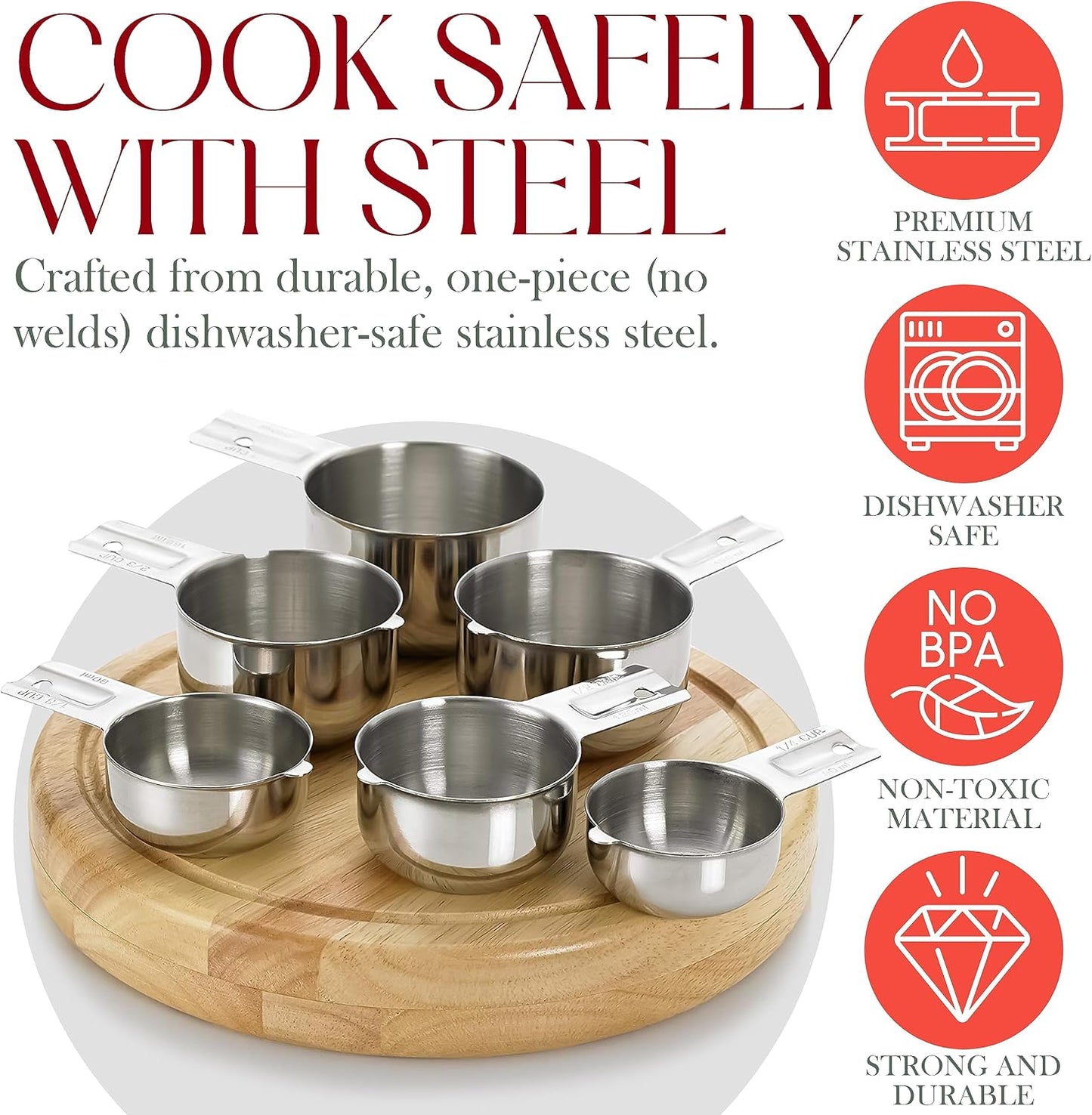 Stainless Steel Measuring Cups Set of 6, Nesting Design | One-piece design with mL and oz markings, rust-resistant, dishwasher safe, and comfortable to hold for daily use.