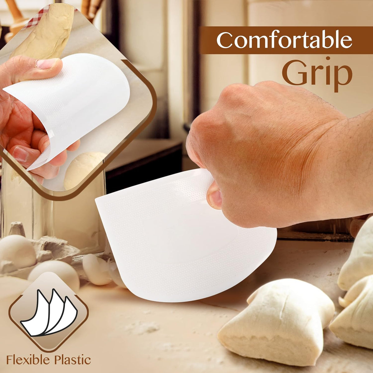 Plastic Bench Scraper for Baking - 2 White Bowl Scraper - Flexible Food Safe Dough Scraper Multipurpose Good Grip Curved and Flat Edge Dough Cutter - Essential Pan Scraper for Kitchen Use
