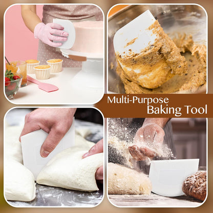 Plastic Bench Scraper for Baking - 2 White Bowl Scraper - Flexible Food Safe Dough Scraper Multipurpose Good Grip Curved and Flat Edge Dough Cutter - Essential Pan Scraper for Kitchen Use