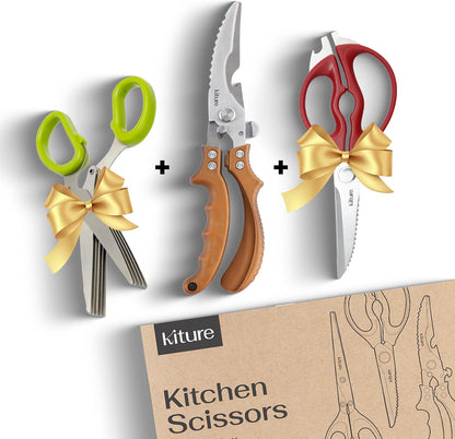 Heavy Duty Kitchen Shear with Bonus MultiPurpose and Herb Scissors 420 Stainless Steel for Chicken, Meat, Fish and Poultry Gift Set with Kitchen Shears for Food and Herbs Scissors