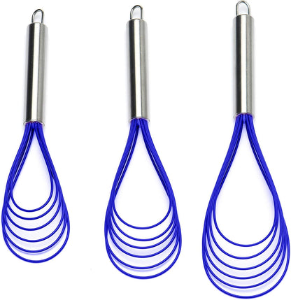 Flat Whisk Set,Stainless Steel 3 Pack 10''+11''+12'' Premium Sturdy-6 Silicone Heads Non Stick Wires Whisk for Blending Beating Stirring Kitchen Cooking (Blue)