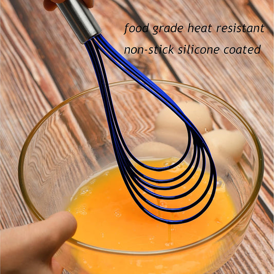 Flat Whisk Set,Stainless Steel 3 Pack 10''+11''+12'' Premium Sturdy-6 Silicone Heads Non Stick Wires Whisk for Blending Beating Stirring Kitchen Cooking (Blue)