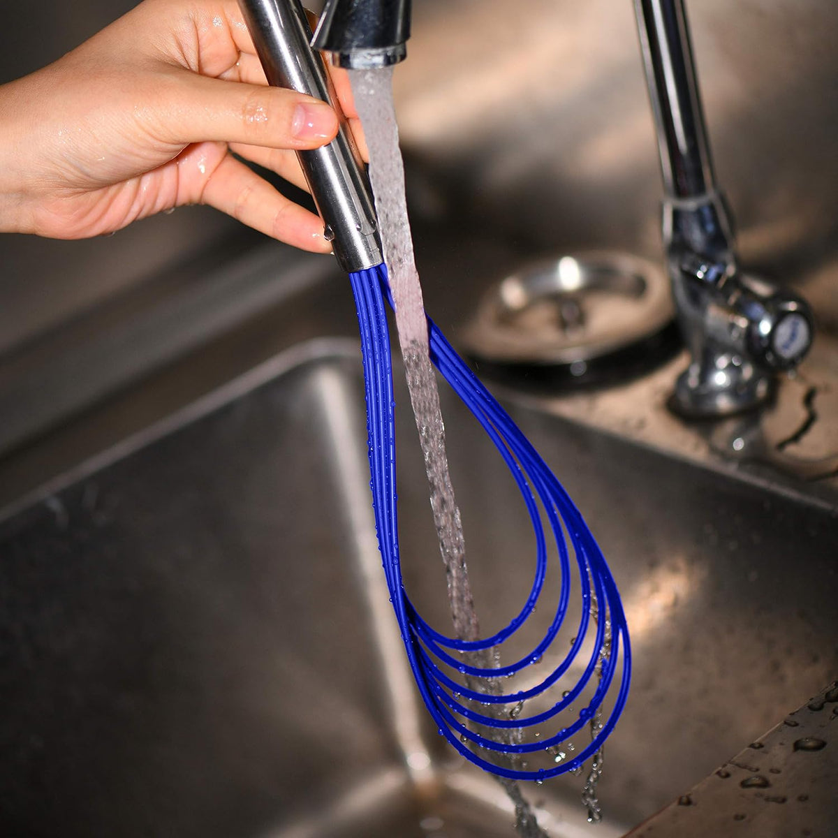 Flat Whisk Set,Stainless Steel 3 Pack 10''+11''+12'' Premium Sturdy-6 Silicone Heads Non Stick Wires Whisk for Blending Beating Stirring Kitchen Cooking (Blue)