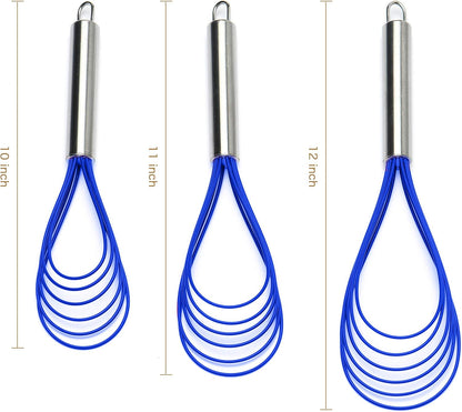 Flat Whisk Set,Stainless Steel 3 Pack 10''+11''+12'' Premium Sturdy-6 Silicone Heads Non Stick Wires Whisk for Blending Beating Stirring Kitchen Cooking (Blue)
