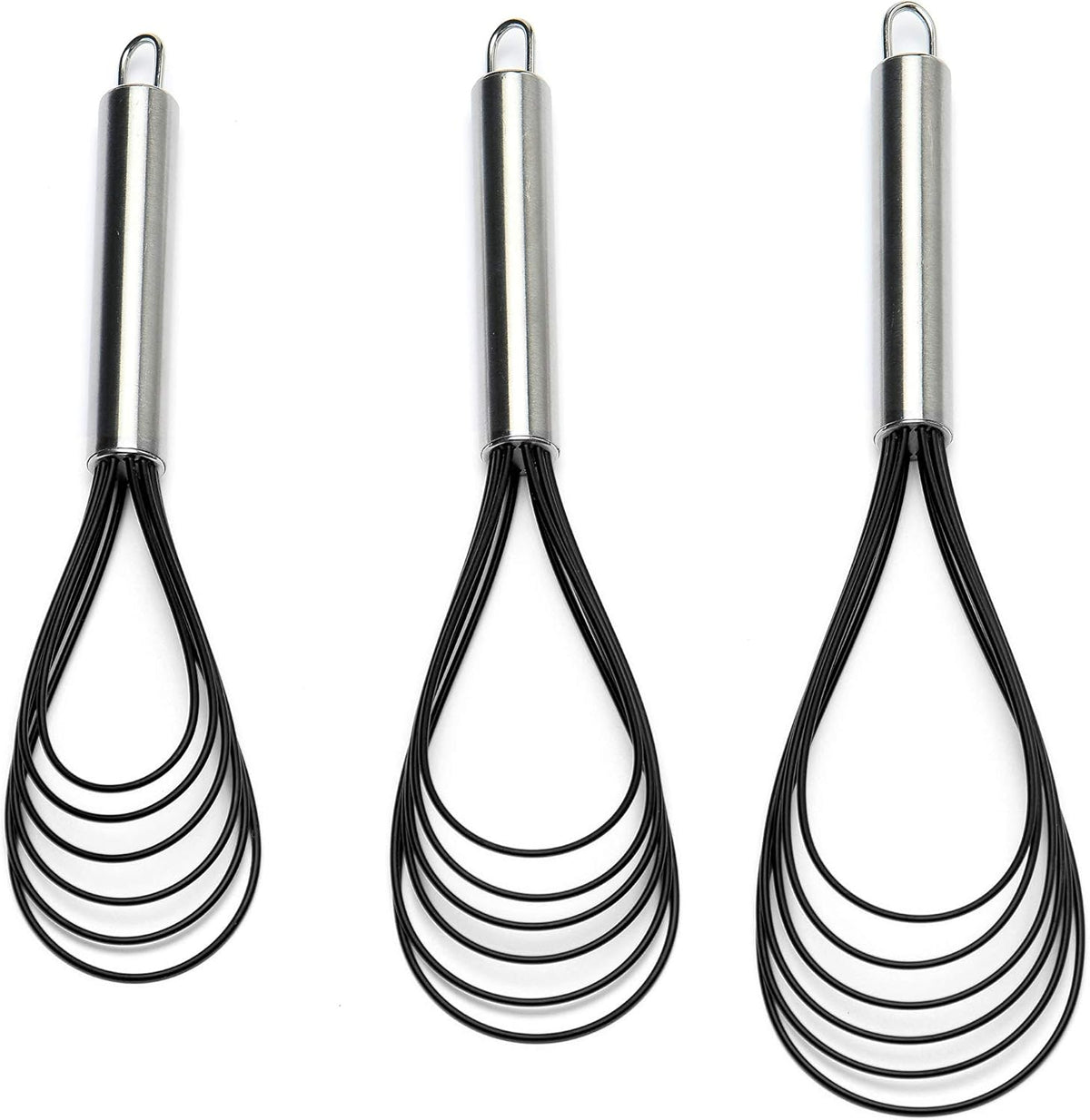 Flat Whisk Set,Stainless Steel 3 Pack 10''+11''+12'' Premium Sturdy-6 Silicone Heads Non Stick Wires Whisk for Blending Beating Stirring Kitchen Cooking (Blue)
