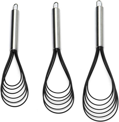 Flat Whisk Set,Stainless Steel 3 Pack 10''+11''+12'' Premium Sturdy-6 Silicone Heads Non Stick Wires Whisk for Blending Beating Stirring Kitchen Cooking (Blue)