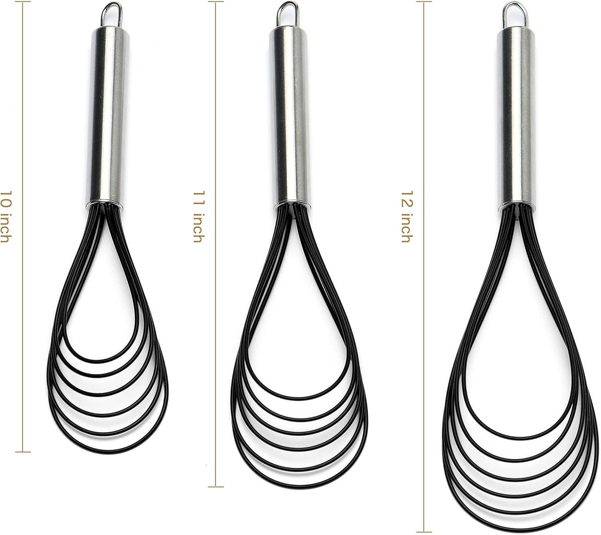 Flat Whisk Set,Stainless Steel 3 Pack 10''+11''+12'' Premium Sturdy-6 Silicone Heads Non Stick Wires Whisk for Blending Beating Stirring Kitchen Cooking (Blue)