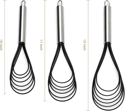 Flat Whisk Set,Stainless Steel 3 Pack 10''+11''+12'' Premium Sturdy-6 Silicone Heads Non Stick Wires Whisk for Blending Beating Stirring Kitchen Cooking (Blue)