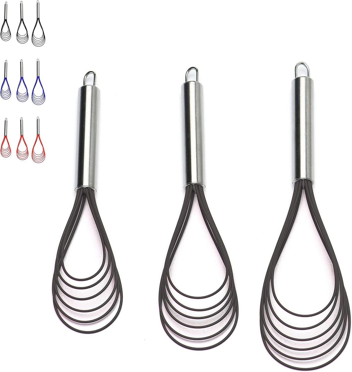 Flat Whisk Set,Stainless Steel 3 Pack 10''+11''+12'' Premium Sturdy-6 Silicone Heads Non Stick Wires Whisk for Blending Beating Stirring Kitchen Cooking (Blue)