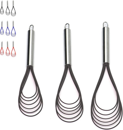 Flat Whisk Set,Stainless Steel 3 Pack 10''+11''+12'' Premium Sturdy-6 Silicone Heads Non Stick Wires Whisk for Blending Beating Stirring Kitchen Cooking (Blue)