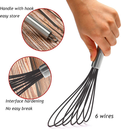 Flat Whisk Set,Stainless Steel 3 Pack 10''+11''+12'' Premium Sturdy-6 Silicone Heads Non Stick Wires Whisk for Blending Beating Stirring Kitchen Cooking (Blue)