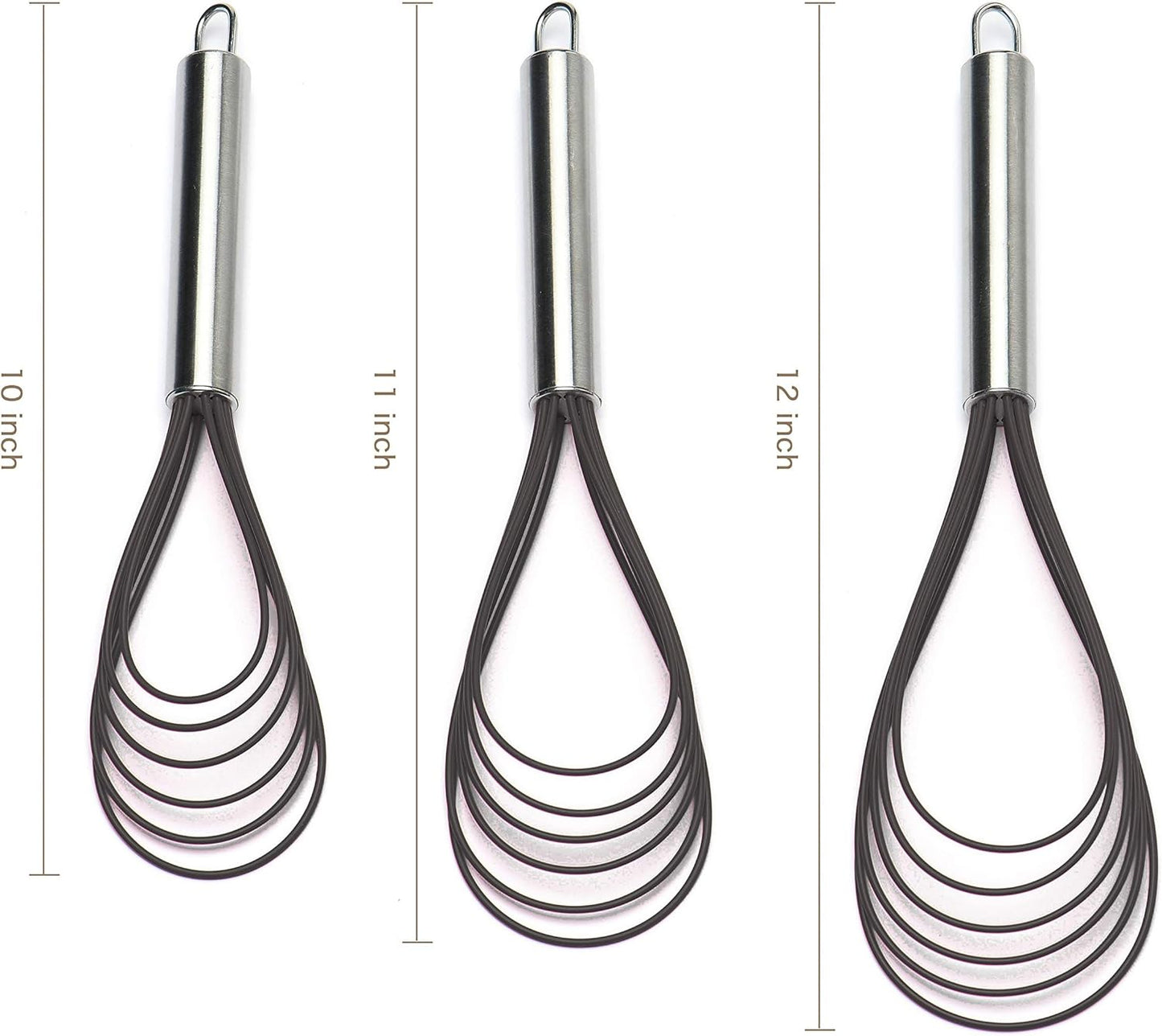 Flat Whisk Set,Stainless Steel 3 Pack 10''+11''+12'' Premium Sturdy-6 Silicone Heads Non Stick Wires Whisk for Blending Beating Stirring Kitchen Cooking (Blue)