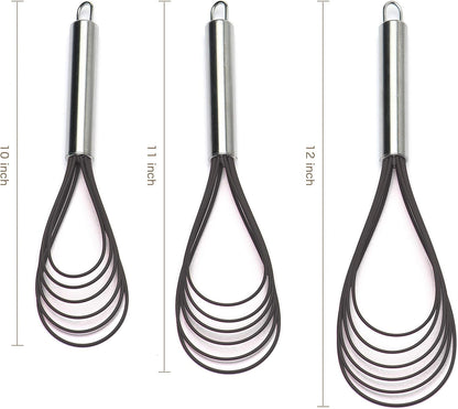 Flat Whisk Set,Stainless Steel 3 Pack 10''+11''+12'' Premium Sturdy-6 Silicone Heads Non Stick Wires Whisk for Blending Beating Stirring Kitchen Cooking (Blue)