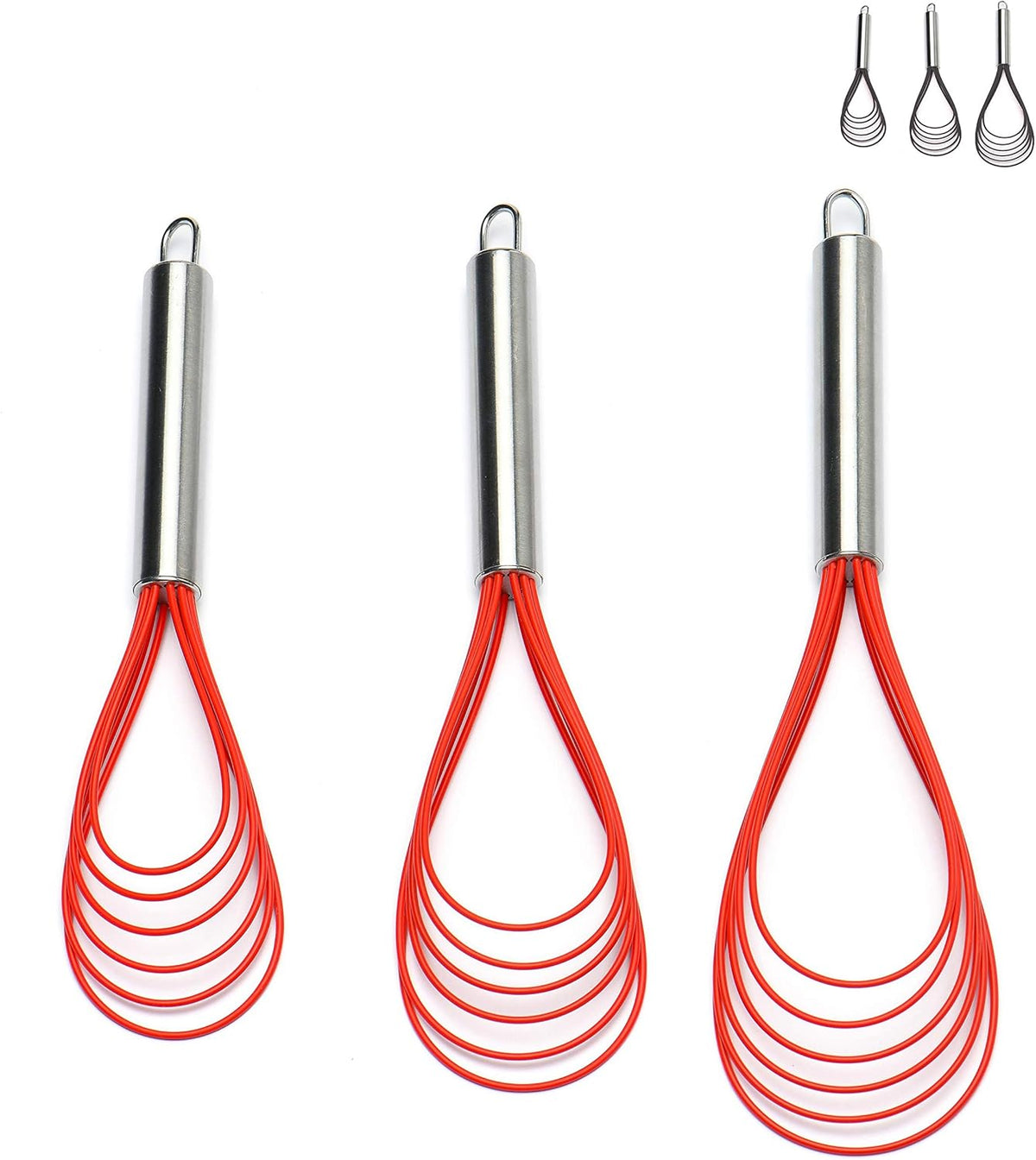 Flat Whisk Set,Stainless Steel 3 Pack 10''+11''+12'' Premium Sturdy-6 Silicone Heads Non Stick Wires Whisk for Blending Beating Stirring Kitchen Cooking (Blue)