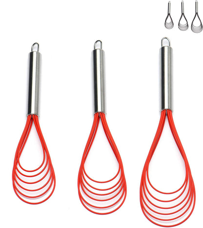 Flat Whisk Set,Stainless Steel 3 Pack 10''+11''+12'' Premium Sturdy-6 Silicone Heads Non Stick Wires Whisk for Blending Beating Stirring Kitchen Cooking (Blue)
