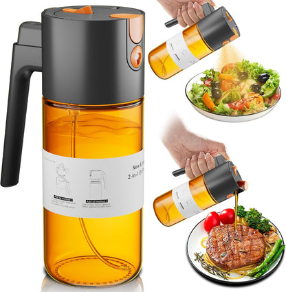 2 in 1 Oil Sprayer & Dispenser, 17 oz Light-Blocking Glass Bottle | Large Capacity, Wide-Mouth for Easy Pouring and Cleaning, Leak-Proof Oil Bottle with Stickers for Salads, Air Fryers, BBQ
