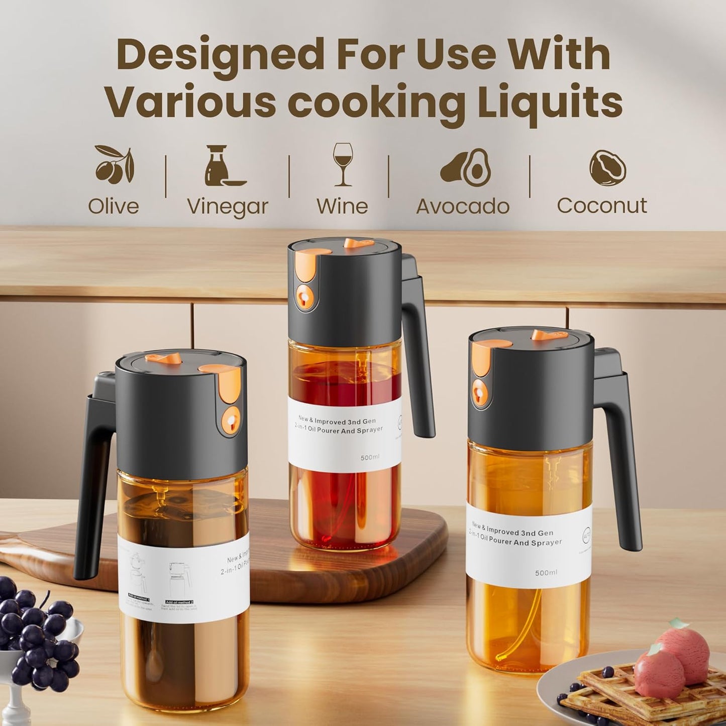 2 in 1 Oil Sprayer & Dispenser, 17 oz Light-Blocking Glass Bottle | Large Capacity, Wide-Mouth for Easy Pouring and Cleaning, Leak-Proof Oil Bottle with Stickers for Salads, Air Fryers, BBQ