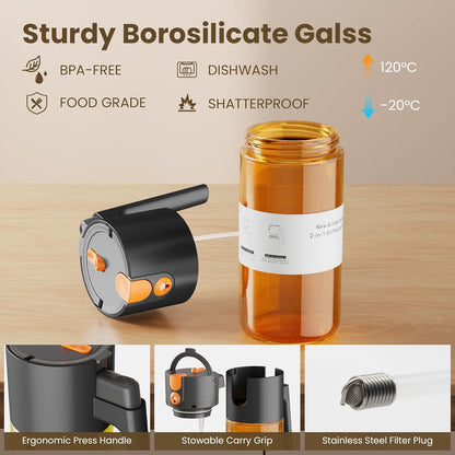 2 in 1 Oil Sprayer & Dispenser, 17 oz Light-Blocking Glass Bottle | Large Capacity, Wide-Mouth for Easy Pouring and Cleaning, Leak-Proof Oil Bottle with Stickers for Salads, Air Fryers, BBQ