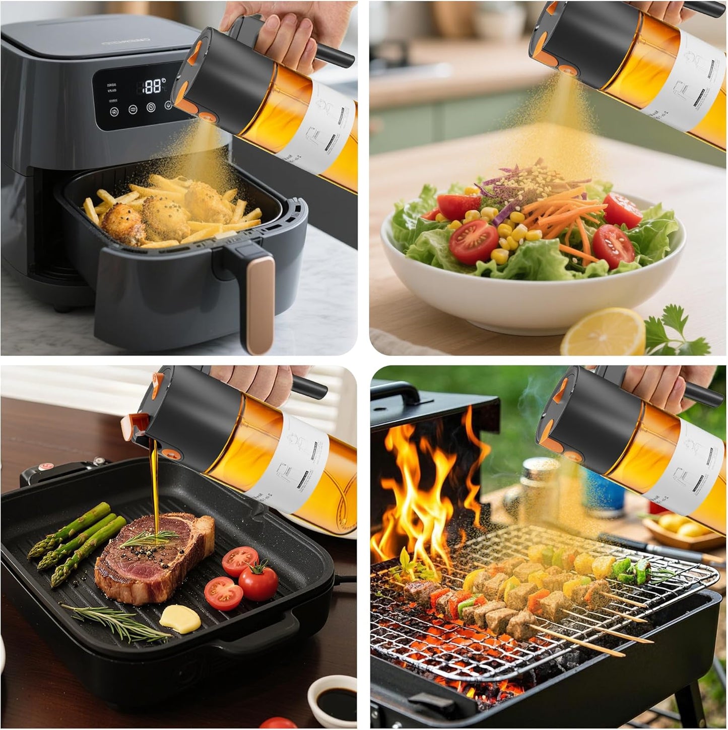 2 in 1 Oil Sprayer & Dispenser, 17 oz Light-Blocking Glass Bottle | Large Capacity, Wide-Mouth for Easy Pouring and Cleaning, Leak-Proof Oil Bottle with Stickers for Salads, Air Fryers, BBQ
