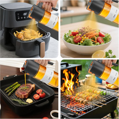 2 in 1 Oil Sprayer & Dispenser, 17 oz Light-Blocking Glass Bottle | Large Capacity, Wide-Mouth for Easy Pouring and Cleaning, Leak-Proof Oil Bottle with Stickers for Salads, Air Fryers, BBQ