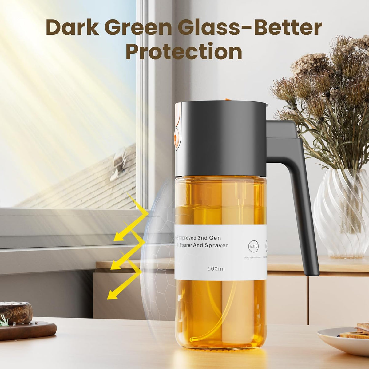 2 in 1 Oil Sprayer & Dispenser, 17 oz Light-Blocking Glass Bottle | Large Capacity, Wide-Mouth for Easy Pouring and Cleaning, Leak-Proof Oil Bottle with Stickers for Salads, Air Fryers, BBQ