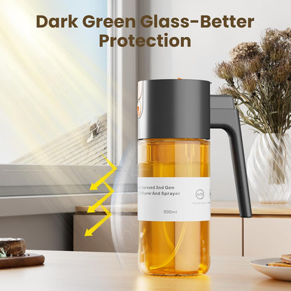 2 in 1 Oil Sprayer & Dispenser, 17 oz Light-Blocking Glass Bottle | Large Capacity, Wide-Mouth for Easy Pouring and Cleaning, Leak-Proof Oil Bottle with Stickers for Salads, Air Fryers, BBQ