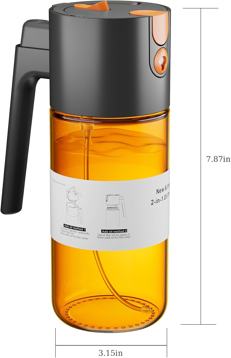 2 in 1 Oil Sprayer & Dispenser, 17 oz Light-Blocking Glass Bottle | Large Capacity, Wide-Mouth for Easy Pouring and Cleaning, Leak-Proof Oil Bottle with Stickers for Salads, Air Fryers, BBQ