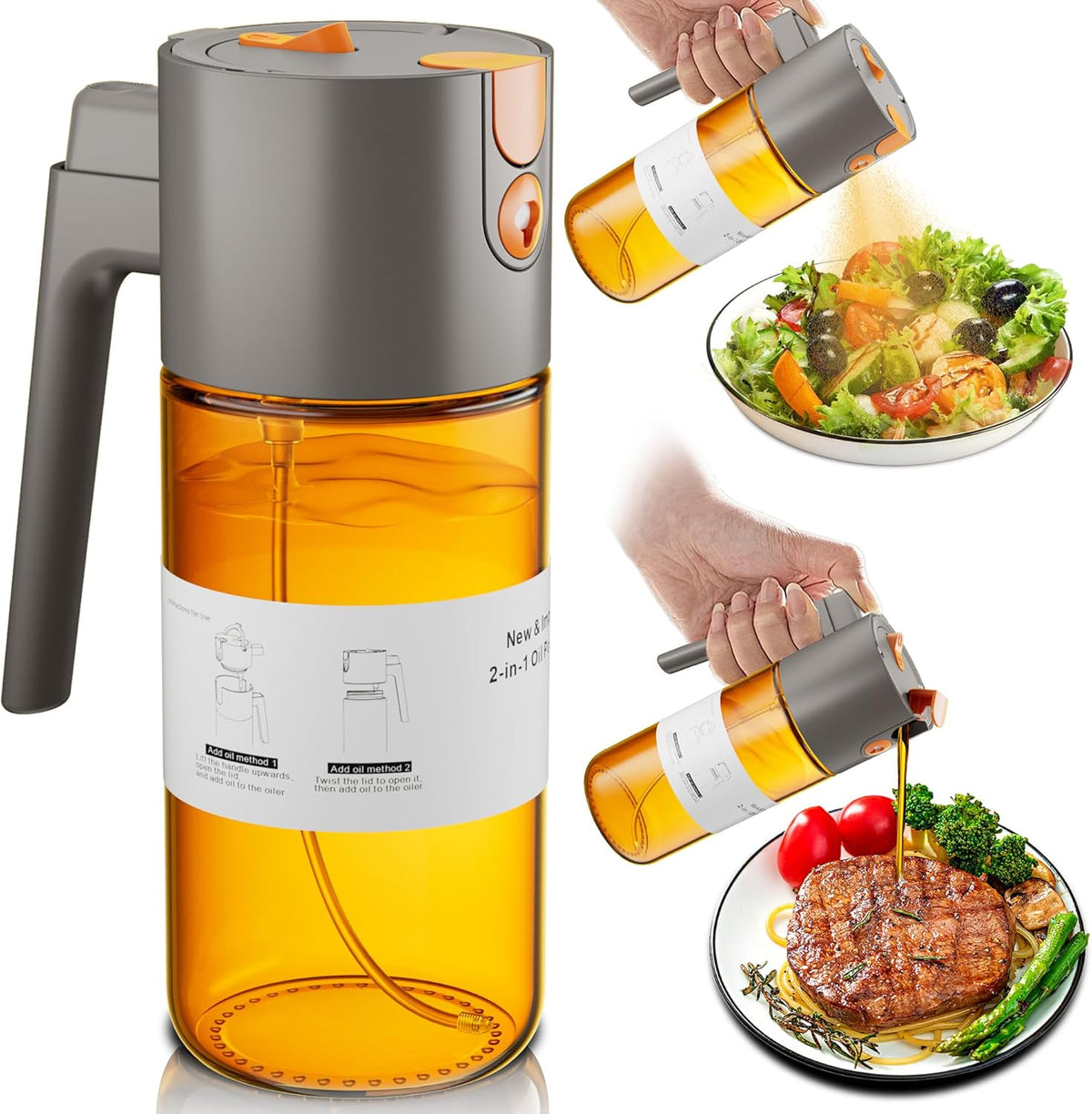 2 in 1 Oil Sprayer & Dispenser, 17 oz Light-Blocking Glass Bottle | Large Capacity, Wide-Mouth for Easy Pouring and Cleaning, Leak-Proof Oil Bottle with Stickers for Salads, Air Fryers, BBQ