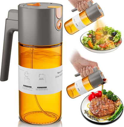 2 in 1 Oil Sprayer & Dispenser, 17 oz Light-Blocking Glass Bottle | Large Capacity, Wide-Mouth for Easy Pouring and Cleaning, Leak-Proof Oil Bottle with Stickers for Salads, Air Fryers, BBQ