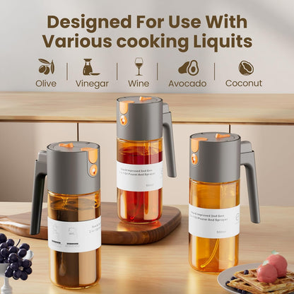 2 in 1 Oil Sprayer & Dispenser, 17 oz Light-Blocking Glass Bottle | Large Capacity, Wide-Mouth for Easy Pouring and Cleaning, Leak-Proof Oil Bottle with Stickers for Salads, Air Fryers, BBQ