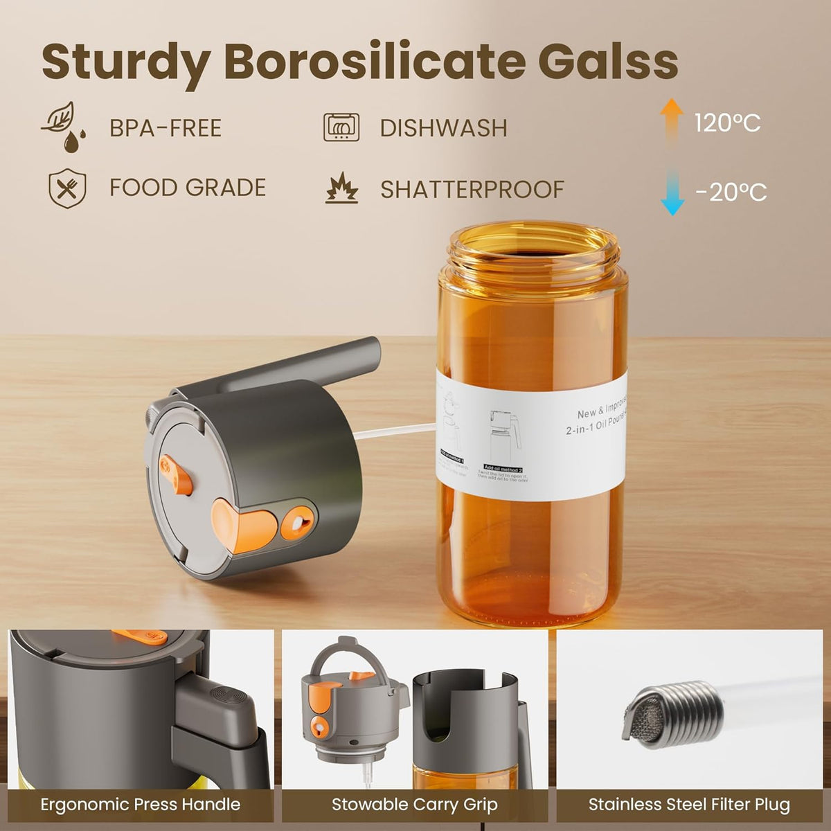 2 in 1 Oil Sprayer & Dispenser, 17 oz Light-Blocking Glass Bottle | Large Capacity, Wide-Mouth for Easy Pouring and Cleaning, Leak-Proof Oil Bottle with Stickers for Salads, Air Fryers, BBQ