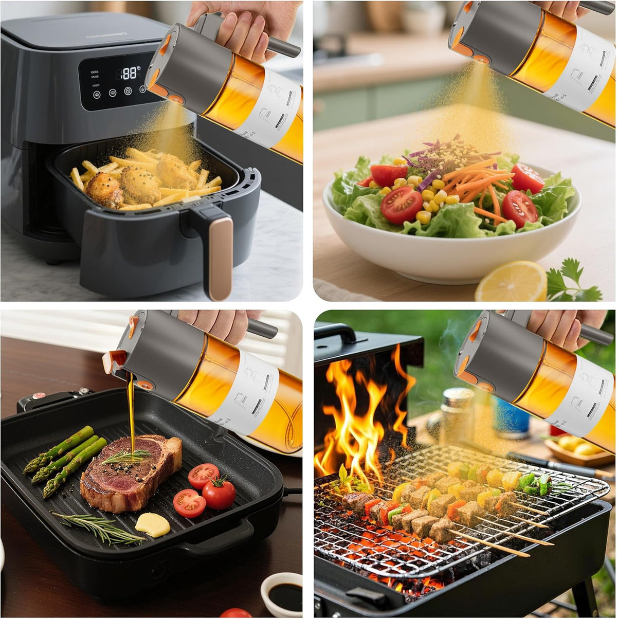 2 in 1 Oil Sprayer & Dispenser, 17 oz Light-Blocking Glass Bottle | Large Capacity, Wide-Mouth for Easy Pouring and Cleaning, Leak-Proof Oil Bottle with Stickers for Salads, Air Fryers, BBQ