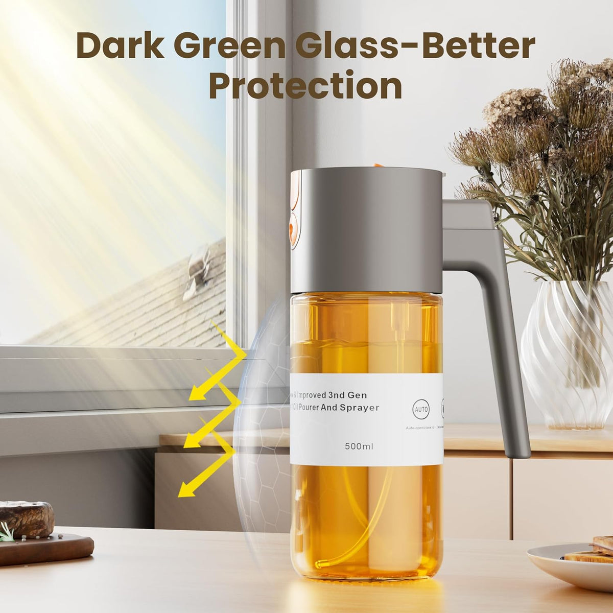 2 in 1 Oil Sprayer & Dispenser, 17 oz Light-Blocking Glass Bottle | Large Capacity, Wide-Mouth for Easy Pouring and Cleaning, Leak-Proof Oil Bottle with Stickers for Salads, Air Fryers, BBQ