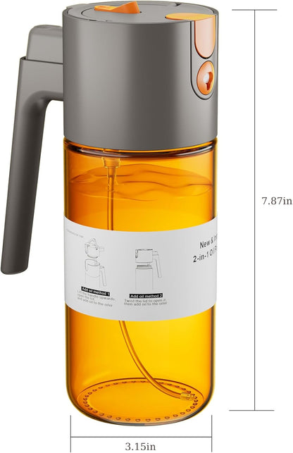 2 in 1 Oil Sprayer & Dispenser, 17 oz Light-Blocking Glass Bottle | Large Capacity, Wide-Mouth for Easy Pouring and Cleaning, Leak-Proof Oil Bottle with Stickers for Salads, Air Fryers, BBQ