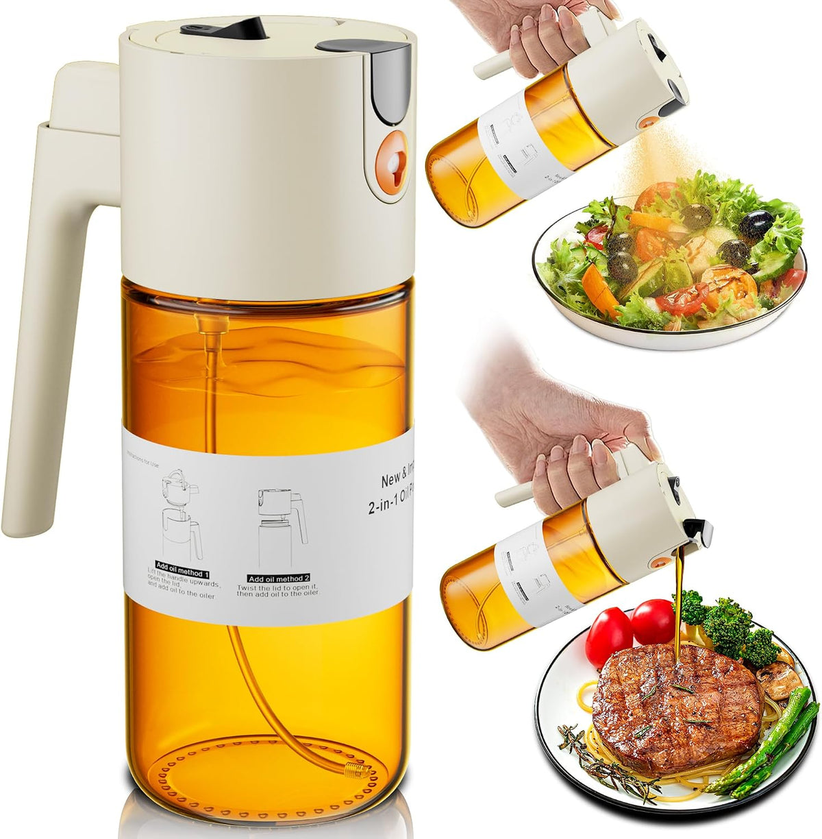 2 in 1 Oil Sprayer & Dispenser, 17 oz Light-Blocking Glass Bottle | Large Capacity, Wide-Mouth for Easy Pouring and Cleaning, Leak-Proof Oil Bottle with Stickers for Salads, Air Fryers, BBQ