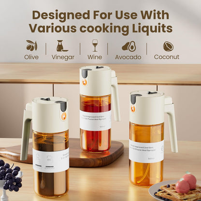 2 in 1 Oil Sprayer & Dispenser, 17 oz Light-Blocking Glass Bottle | Large Capacity, Wide-Mouth for Easy Pouring and Cleaning, Leak-Proof Oil Bottle with Stickers for Salads, Air Fryers, BBQ