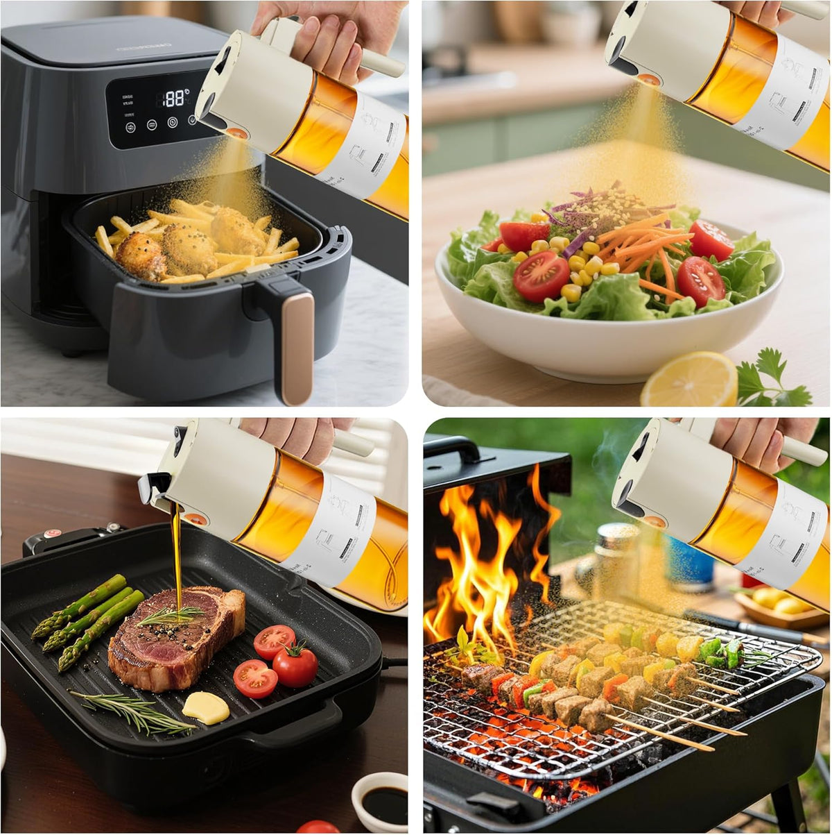 2 in 1 Oil Sprayer & Dispenser, 17 oz Light-Blocking Glass Bottle | Large Capacity, Wide-Mouth for Easy Pouring and Cleaning, Leak-Proof Oil Bottle with Stickers for Salads, Air Fryers, BBQ