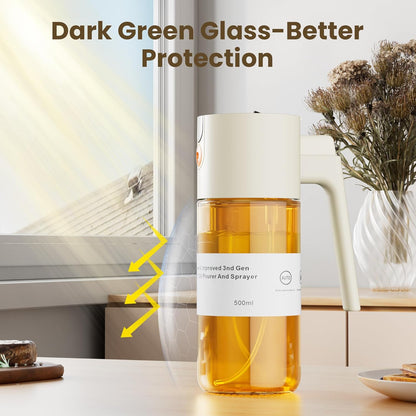 2 in 1 Oil Sprayer & Dispenser, 17 oz Light-Blocking Glass Bottle | Large Capacity, Wide-Mouth for Easy Pouring and Cleaning, Leak-Proof Oil Bottle with Stickers for Salads, Air Fryers, BBQ