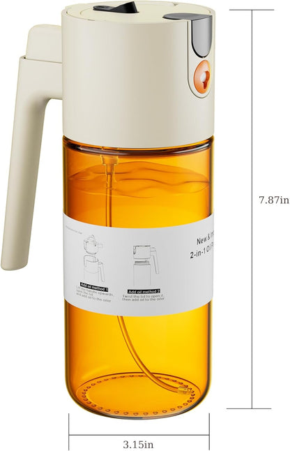 2 in 1 Oil Sprayer & Dispenser, 17 oz Light-Blocking Glass Bottle | Large Capacity, Wide-Mouth for Easy Pouring and Cleaning, Leak-Proof Oil Bottle with Stickers for Salads, Air Fryers, BBQ